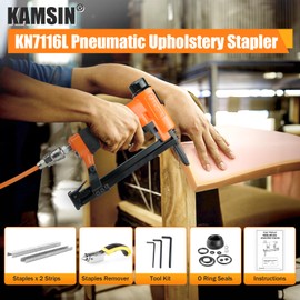 KAMSIN KN7116L 22 Gauge Pneumatic Upholstery Stapler, 3/8-inch Crown Fine Wire Stapler, 1/4-inch to 5/8-inch Length Long Nose Upholstery Staple Gun for Furniture, Upholstering
