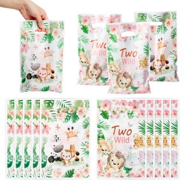 50Pcs Two Wild Party Favors Bags, Jungle Safari Animal Goody Candy Treat Bags with Handle Jungle Safari Gift Plastic Bags Party Decorations for Kids Girl and Wild Two Birthday Party Supplies Gift Bags