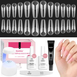 beetles Gel Polish Beetles Gel Nail Kit Long Coffin with Nail Dehydrator and Primer, 576Pcs Half Matte Etch-X Gel Nail Tips Solid Nail Glue Mini Nail Lamp Acrylic Nail Tips Easy DIY Nail Extension Set Gift for Women