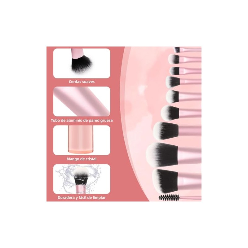 15 Piezas Brochas para Maquillaje con 10 Brochas, 2 Esponjas,
