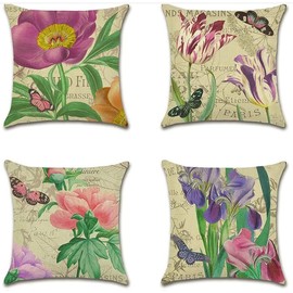 BAOKU Vintage blue Pink Floral Pattern Cushion Covers 45 x 45 cm Summer Watercolor Modern Decorative Throw Pillow Covers Soft Pillowcases for Sofa Bed Home Garden Patio Decor Set of 4