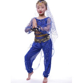 Astage Little Girl`S Belly Dance Costumes,Long Sleeve Highlights Top,Pants Royal Blue L (9Y-11Y)