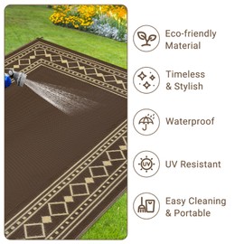 GlowSol Waterproof 9x12 Outdoor Rugs Patio Reversible Mats, Stain-Resistant Modern Plastic Straw Camping Rugs for Patio, Foldable Outside Carpet for RV Porch Deck Balcony Beach, Brown