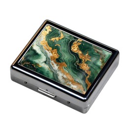 DingRound Cute and Portable Metal Pill Organizer – 8 Compartments, Elegant Chrome Finish, Ideal for Travel and Daily Use (Emerald and Gold Marble)