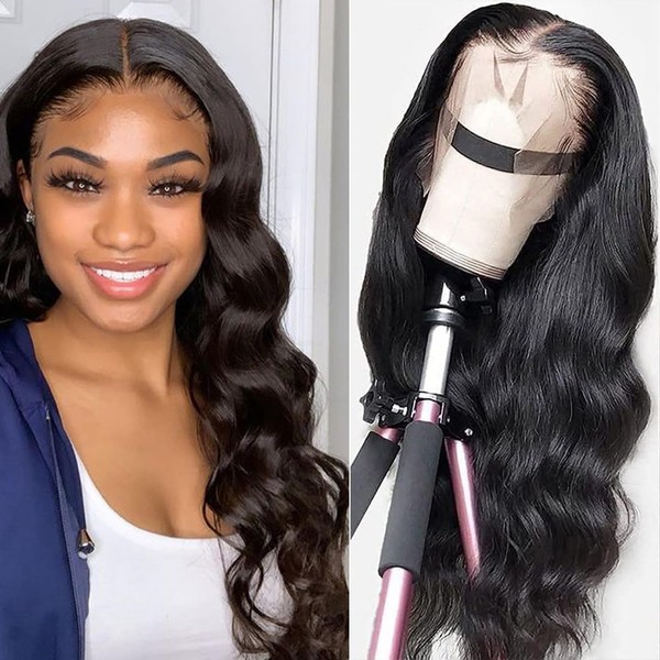 13x6 Body Wave Lace Front Wigs Human Hair 24 Inch Glueless Wigs Human Hair Pre Plucked with Baby Hair 180% Density Human Hair Lace Front Wigs HD Transparent Lace Frontal Wigs Natural Black Wigs