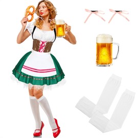 ramede 6 Pcs Women Beer Oktoberfest Costume German Dress Skirt Support Long Sock Hairband Beer Mug for Cosplay Party(Small)