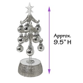 BANBERRY DESIGNS Silver Glittered Tabletop Christmas Tree with Silver Ornaments - Mirrored Base with Color Changing Lights - Table Top Xmas Decorations - 9.5 Inches Tall x 3.38 Inches Wide