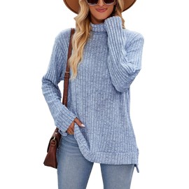 Famulily Women's Longline Jumper Sweater High Neck Long Sleeve Side Split Ribbed Winter Clothes Tops (XL, Blue)