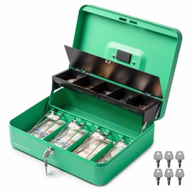 Volcora Large Cash Box with Key Lock, Metal Money Box for Cash, Portable Locking Safe Box with Money Tray, Durable Money Saving Organizer for Yard Sale, Garage Sale, Small Business, Green