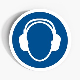 Set of 6 Wear hearing protection Mandatory Safety Signs - 56mm Waterproof Indoor/Outdoor Stickers - Office, Warehouse, PPE Site Safety Signs