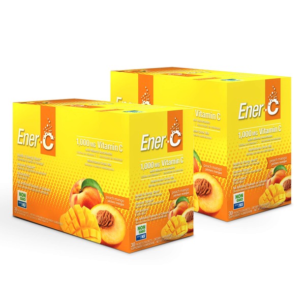 Ener-C Peach Mango Multivitamin Drink Mix, 1000mg Vitamin C, Non-GMO, Vegan, Real Fruit Juice Powders, Natural Immunity Support, Electrolytes, Gluten Free, 30 Count (Pack of 2)