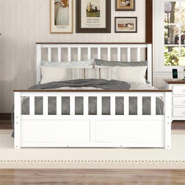 Queen Size Wood Platform Bed Frame for Boys Girls Kids Adults Toddler with Two Drawers and Wooden Slat Support,White+Walnut