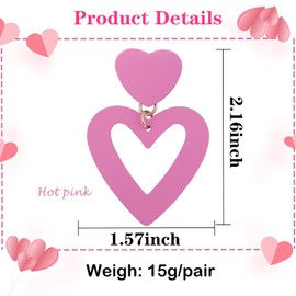 XGALBLA Double Heart Clip-on Drop Earrings for Women - Hot Pink Colorful Love Dangle Statement Earrings - Non-Pierced - Mother's Day Valentine's Day Gift