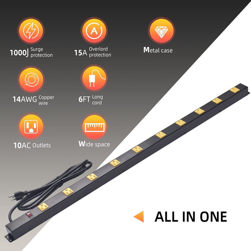10-Outlet Heavy Duty Power Strip Surge Protector Metal Long Extension