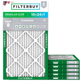 Filterbuy 10x24x1 Air Filter MERV 8 Essential Dust & Allergy Defense (6-Pack), Electrostatic Pleated HVAC AC Furnace Filters Replacement, Made in USA (Actual Size: 9.50 x 23.50 x 0.75)