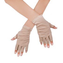 JISEN Women Sunscreen Fingerless Gloves UV Protection Driving Fishing Cotton Mittens Dots Khaki