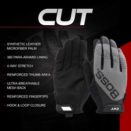 Boss Men's Synthetic Microfiber Palm Safety Work Gloves, Para-Aramid Cut Lining, ANSI 5 Cut Level, Touchscreen, Enhanced Grip, Gray/Black, Large, (120-MC1225T/L)