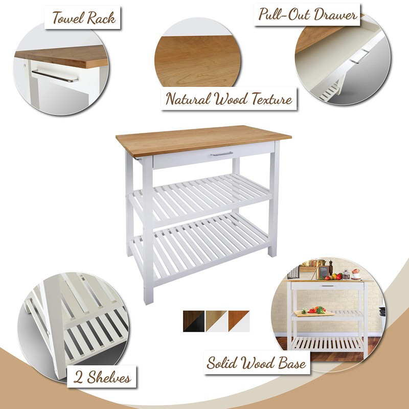 Casual Home Solid American Top Kitchen Island, Natural Cherry &