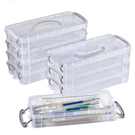 EUIEUT Pack of 2 3 Tier Stackable Pencil Box Plastic Storage Box Transparent Pens Box Pencil Box Desk School Accessories with Lid and Handle for Small Parts Watercolour Pencils Brush Painting Pens