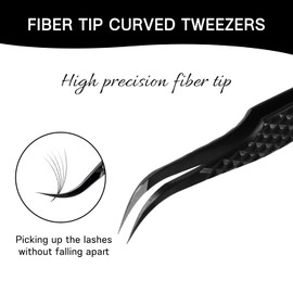 VAVALASH Lash Tweezers for Eyelash Extensions, Fiber Tip Diamond Grip Curved Tweezers for Lash Extension,Professional Precision Black Lash Tweezers for Volume & Classic Lashes (Curved Tweezers)