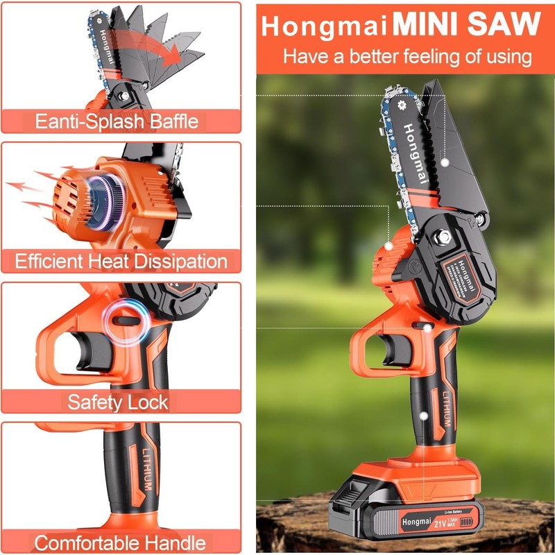 Hongmai Mini Chainsaw, 4 Inch Cordless Handheld Electric Chainsaw for