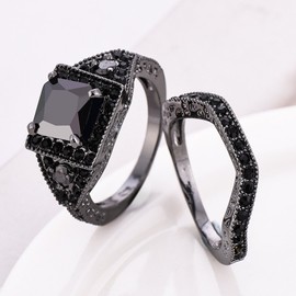 CUSIOALQQ Fashion Couple Black Stone Rings Cushion Cut 4ct Zircon Diamonds Stone Engagement Wedding Band Rings for Women Men Dark Gothic Punk Pop Jewelry Gifts Faux Dainty Unique Rings S