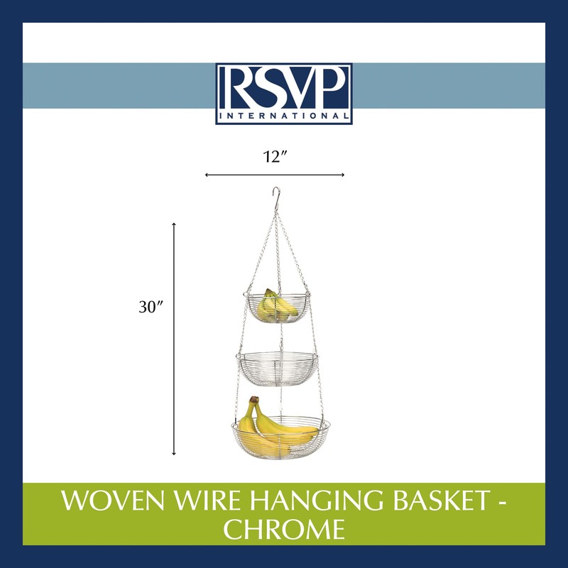 RSVP International Hanging Storage Collection 3-Tier Baskets, Chrome Woven Wire