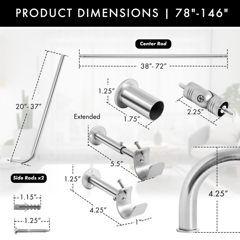 Meriville 1-Inch Diameter Bay Window Curtain Rod Set for Bayview