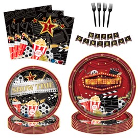 Movie Night Party Supplies Kit for 24 Guests - 97 Pcs Including Plates, Forks, Napkins, Bunting - Perfect for Movie Buffs' Birthday Celebrations
