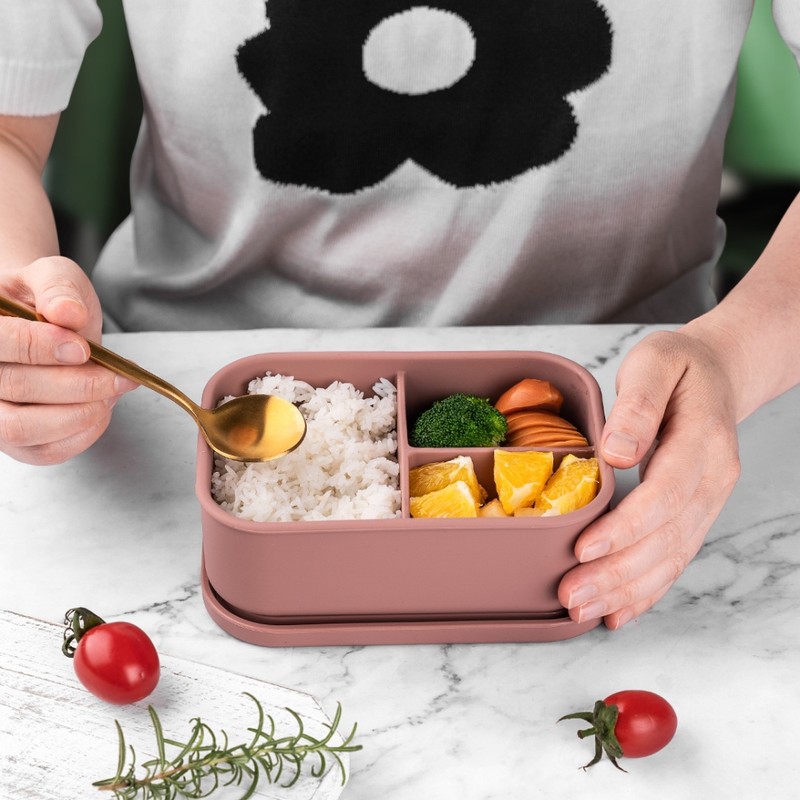 Silicone Bento Lunch Box Portable Reusable 3 Compartment Microwaveable Bento