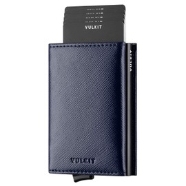 VULKIT Credit Card Holder RFID Blocking Genuine Leather Bifold Mens Wallet Automatic Pop Up with Banknote Compartment (Cross Navy)