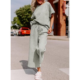 SHEWIN Two Piece Outfits for Women Lounge Sweat Set Casual Short Sleeve Crewneck Shirts Loose Pants Loungewear Matching Pajamas Sets 2024 Fall Trendy Clothes Tracksuits Grey M
