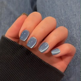 KQueenest Cat Eye Press on Nails Short, 30 Pcs Summer Press on Nails Coffin, Glass Soft Pastel Blue Fake Nails Press on Short, Sparkly Chrome Design, Reusable Soft Gel Glue on Nails for Women Gift