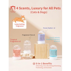 Waterless Dog & Cat Shampoo – Odor Control, Safe to Lick, Plant-Based, No Bath Needed – Stain Remover – 8 x 0.41 fl oz (12ml) Travel Tubes – 4 Calming Scents – Ideal for Sensitive Pets