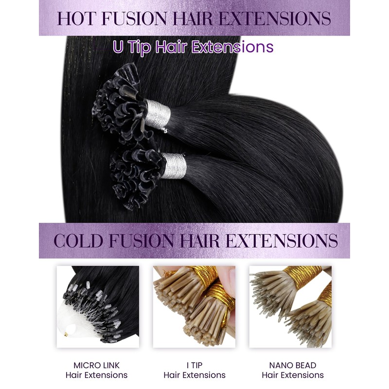 LaaVoo Real Hair Bondings Black 60 cm Bonding Extensions Black