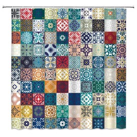 JOOCAR Design Shower Curtain, Gorgeous Floral Patchwork Colorful Moroccan, Waterproof Cloth Fabric Bathroom Decor Set with Hooks, 180x180 cm