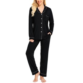 SWOMOG Womens Pajamas Set Long Sleeve Sleepwear Button Down Nightwear Soft Cotton Pj Lounge Sets with Pockets Black