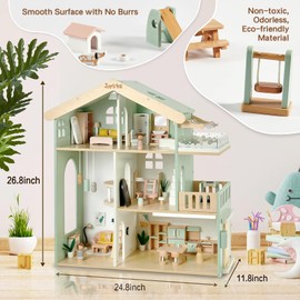Joylike Wooden Dollhouse for Kids, Family Dollhouse with 53PCS Including Toy Figures, Furniture and Accessories, Ideal Gift for Kids Ages 3+