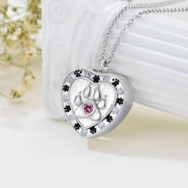 SOULMEET Memorial Pet Necklace for Ashes, Silver Paw Print Urn Necklaces with Birthstone for Ashes Keepsake Cremation Jewelry for Pet Cats Dogs- October