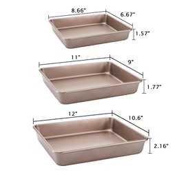 Dicunoy Set of 3 Deep Baking Pans, Nonstick Rectangle Cake Baking Sheet for Oven, Bakeware Bread Pans, Heavy Duty Carbon Steel Bread Tray, Bake Mold Turkey Roasting Pan, 8,10,12 inch