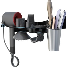 Lifewit Hair Dryer Holder Wall Mounted with Cup, Metal Blow Tool Organizer with Accessories Storage for Bathroom and Salon, Hair Tools Organizer for Dyson Hair Dryer, Black