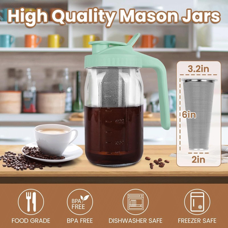 Cold Brew Coffee Maker,32 oz Mason Jar Pitcher with Stainless