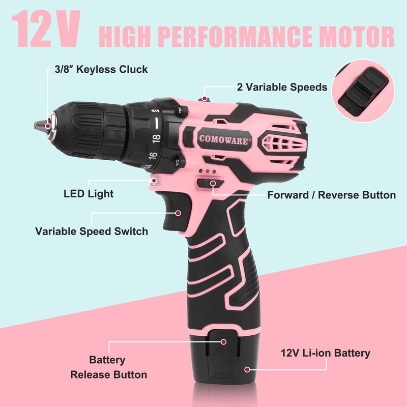 COMOWARE Pink Cordless Drill Set for Women, 12V Lightweight Electric