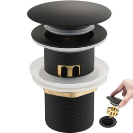 kelleria Drain Fitting Sink with Overflow, Pop-Up Valve Drain Set, Universal 1 1/4 Inch Drain Valve for Washbasins and Washbasins of All Kinds, Includes 3 Seals, Black, Brass