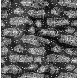 Soimoi Gray Velvet Fabric Tribal Feather Print Fabric by The Yard 58 Inch Wide