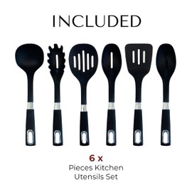 JS Gourmet 6 Pcs Kitchen Utensils Set, Heat Resistant, Non Scratch, Nylon Cooking Spoons Set for Nonstick Cookware, with Ergonomic Soft Touch Wooden Coated Handles
