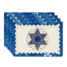 Artoid Mode Jewish Menorah Passover Placemats for Dining Table, 12 x 18 Inch Seasonal Hanukkah Holiday Rustic Vintage Washable Table Mats Set of 4 Blue
