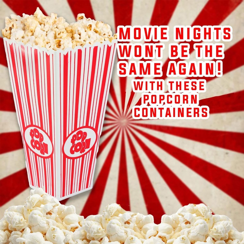 4 Pack Reusable Popcorn Containers, Classic Striped White & Red