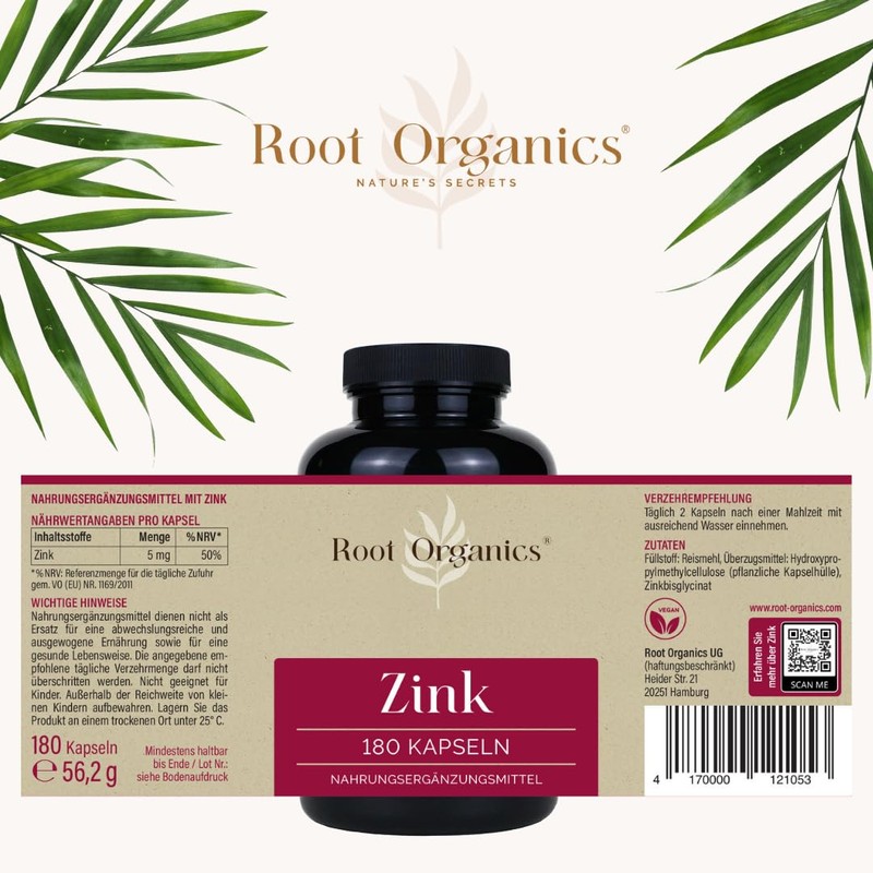 Zinc 5mg Capsules (Vegan) - 180 Zinc Bisglycinate Capsules Root