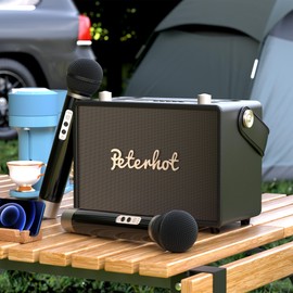 COKYISS Vintage Karaoke Machine with Dual Cordless Microphone, Rechargeable Portable Bluetooth Sound System for Kids and Adults, Party Speaker with AUX/USB/TF/OTG Compatibility, Retro Decor Present